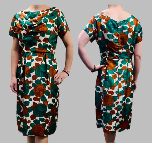 Vintage Dresses - Green and Orange Midi 1950s style - size 10/12 - Slight Cowl Neckline