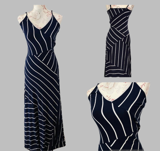 Vintage Dresses - Vintage Maxi Dress - 1990s Calvin Klein  - Navy and White Maxi Dress Size 10 UK - Frock33