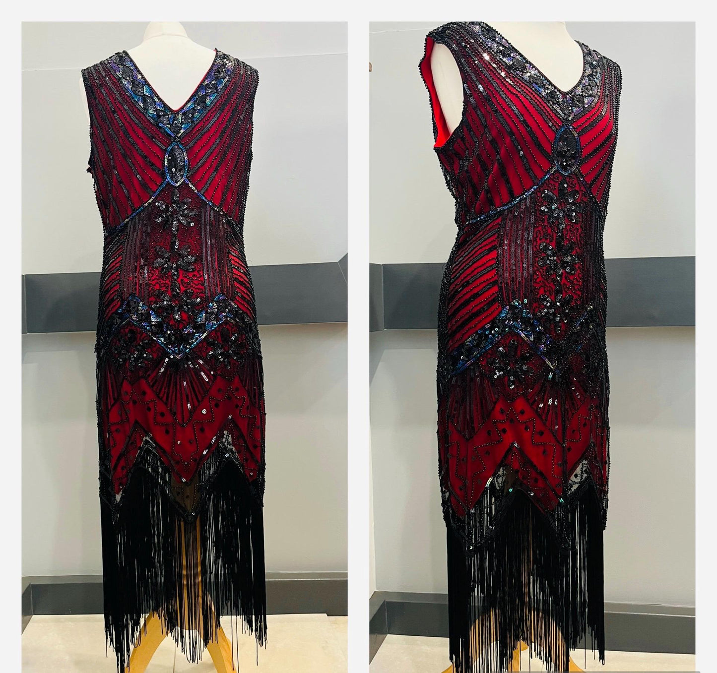 Vintage Clothing- Vintage Dress Flapper 1920s style- red and black embellished and fringed - Frock33